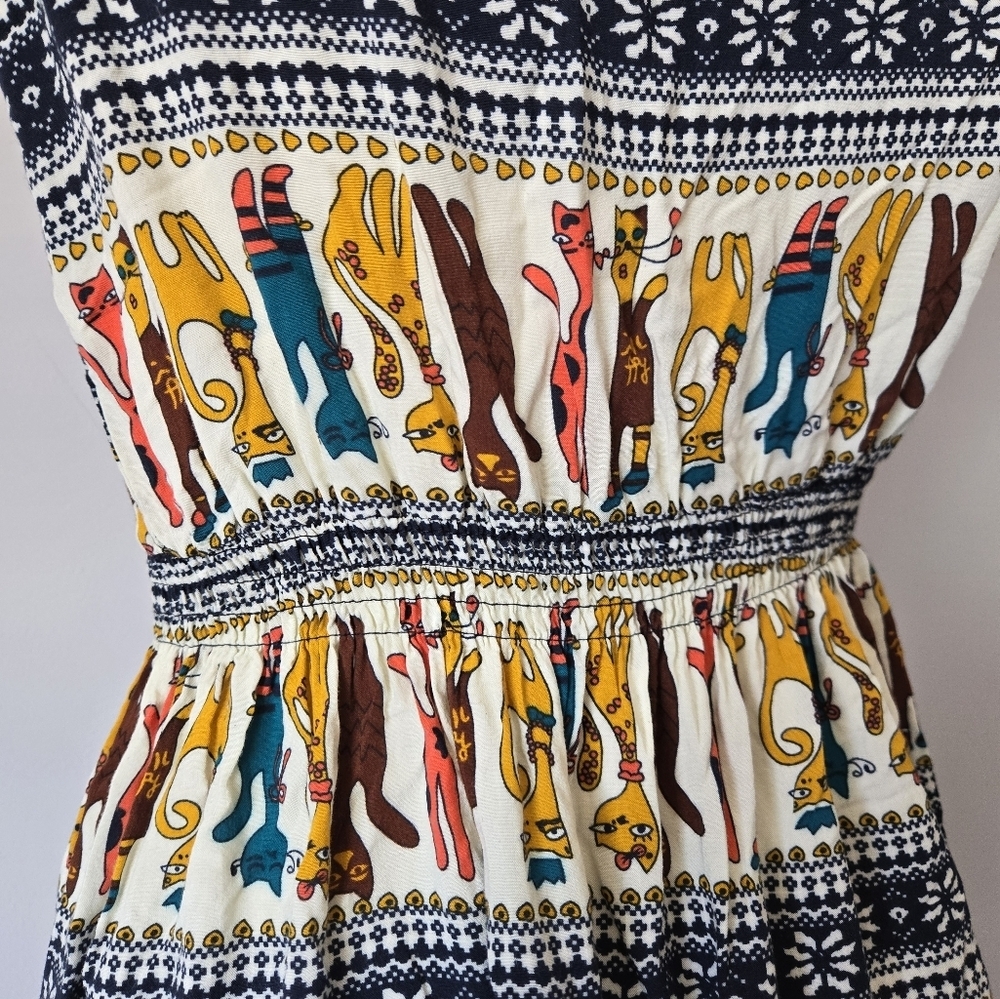 BEAUTY Cartoon Cat Patterned Lightweight Multicolor Sleeveless Midi Dress. Small - Picture 7 of 10